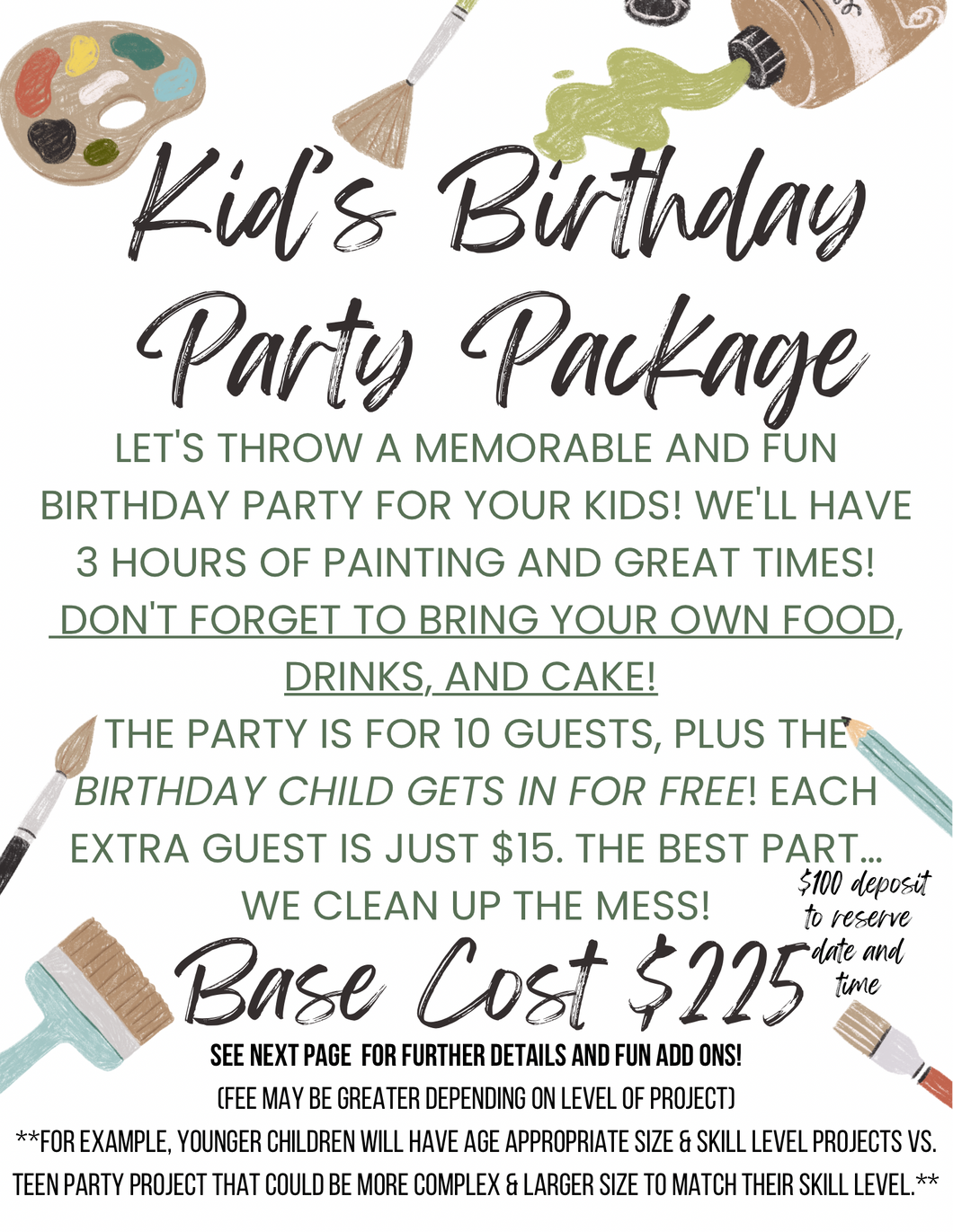 Kid's DIY Party Reservation DEPOSIT